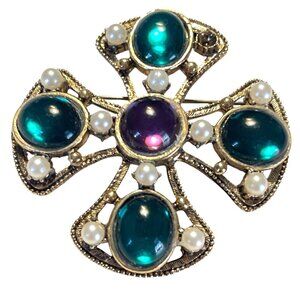 Vintage Gold-Tone Cross Brooch With Faux Pearls & Colored Cabochons